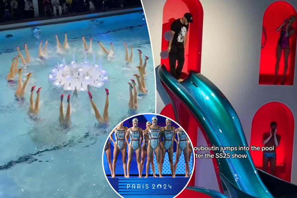 Christian Louboutin's splashy show featuring Olympic swimmers and a naked firefighter ends as the celebrity designer dives in fully clothed